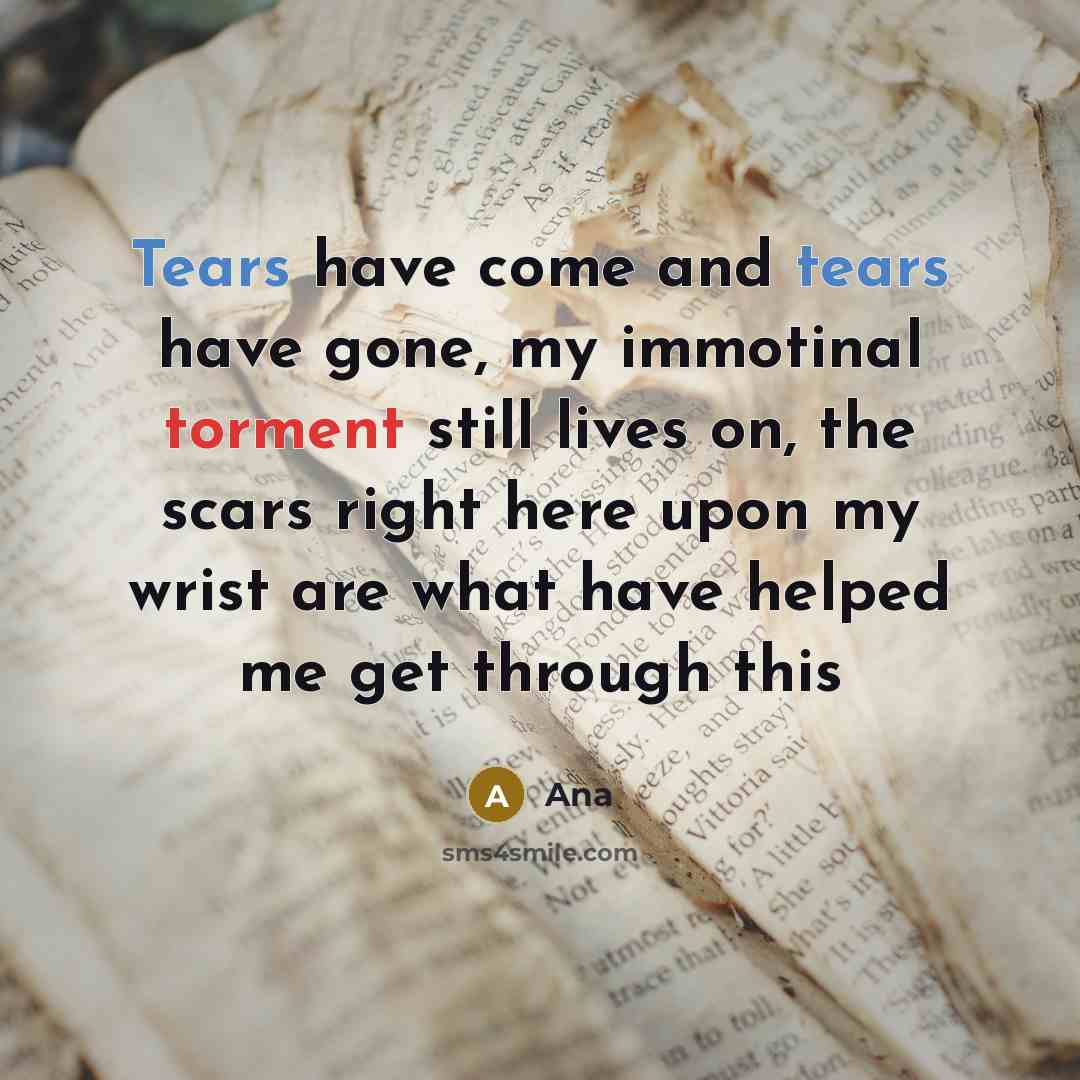 “Tears have come and tears have gone, my immotinal torment still lives on, the scars right here upon my wrist are what have helped me get through this” quote by Ana