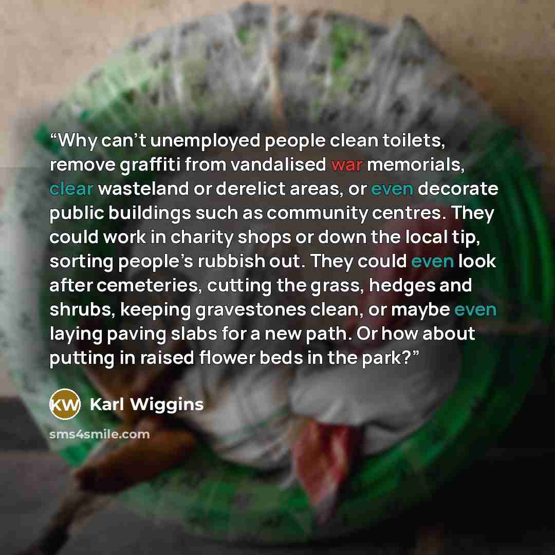 “Why can't unemployed people clean toilets, remove graffiti from vandalised war memorials, clear wasteland or derelict areas, or even decorate public buildings such as community centres. They could work in charity shops or down the local tip, sorting people’s rubbish out. They could even look after…” quote by Karl Wiggins