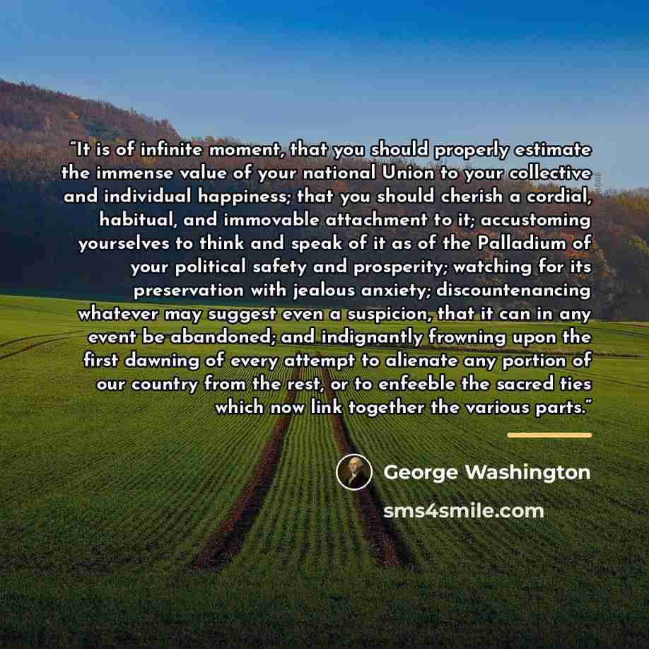 “It is of infinite moment, that you should properly estimate the immense value of your national Union to your collective and individual happiness; that you should cherish a cordial, habitual, and immovable attachment to it; accustoming yourselves to think and speak of it as of the Palladium of your…” quote by George Washington