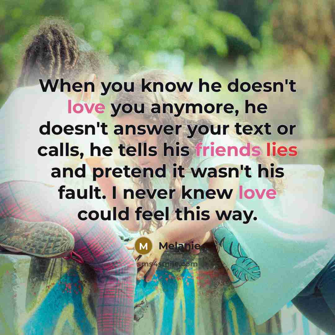 “When you know he doesn't love you anymore, he doesn't answer your text or calls, he tells his friends lies and pretend it wasn't his fault. I never knew love could feel this way.” quote by Melanie