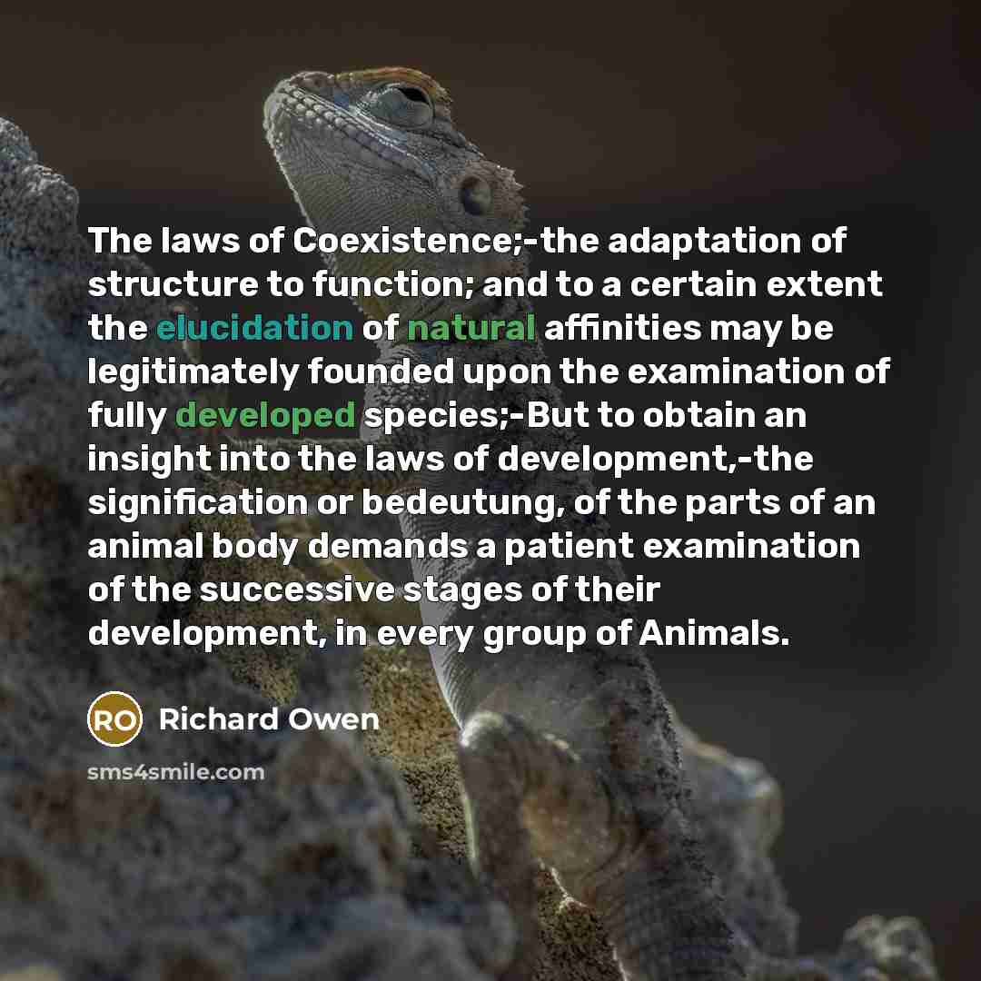 “The laws of Coexistence;-the adaptation of structure to function; and to a certain extent the elucidation of natural affinities may be legitimately founded upon the examination of fully developed species;-But to obtain an insight into the laws of development,-the signification or bedeutung, of the…” quote by Richard Owen