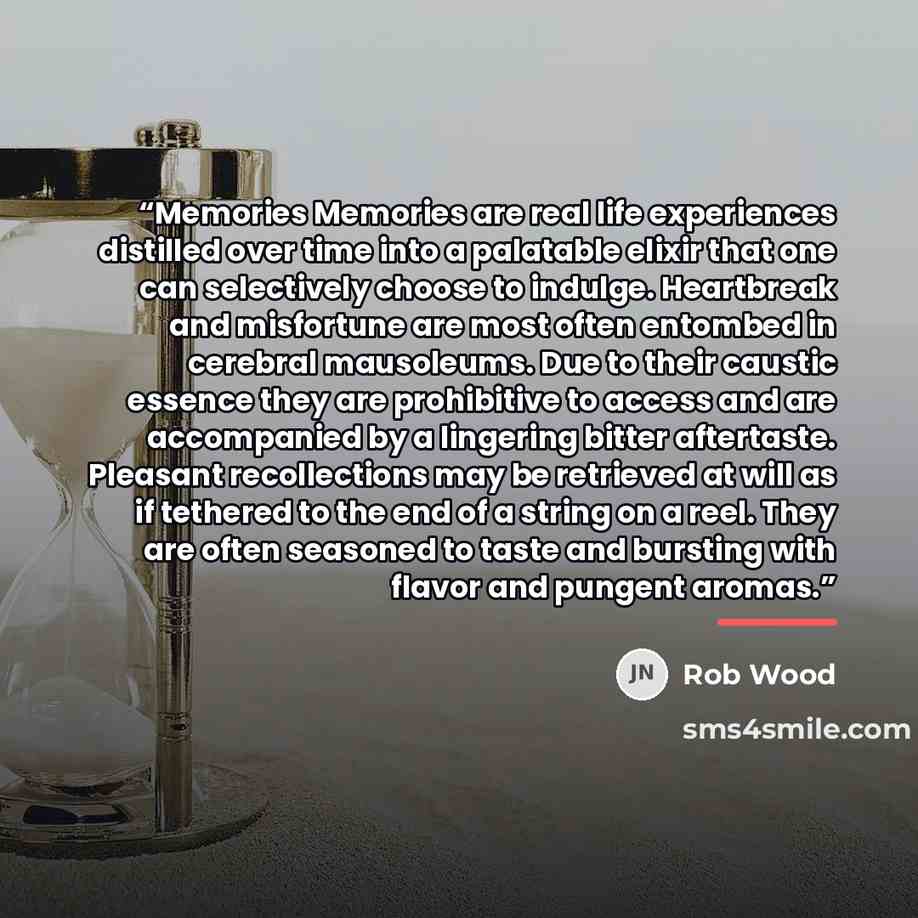 “Memories Memories are real life experiences distilled over time into a palatable elixir that one can selectively choose to indulge. Heartbreak and misfortune are most often entombed in cerebral mausoleums. Due to their caustic essence they are prohibitive to access and are accompanied by a…” quote by Rob Wood