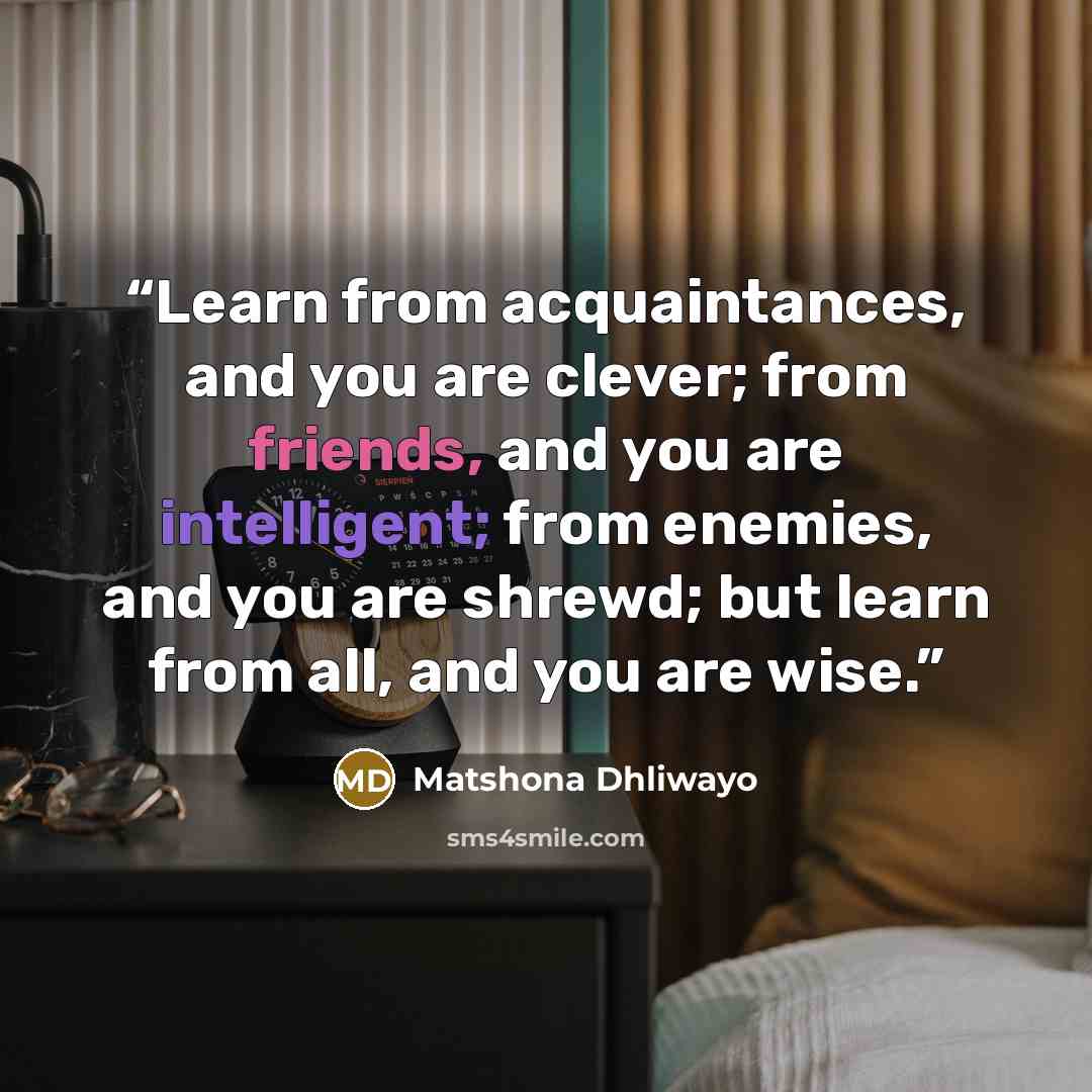 “Learn from acquaintances, and you are clever; from friends, and you are intelligent; from enemies, and you are shrewd; but learn from all, and you are wise.” quote by Matshona Dhliwayo