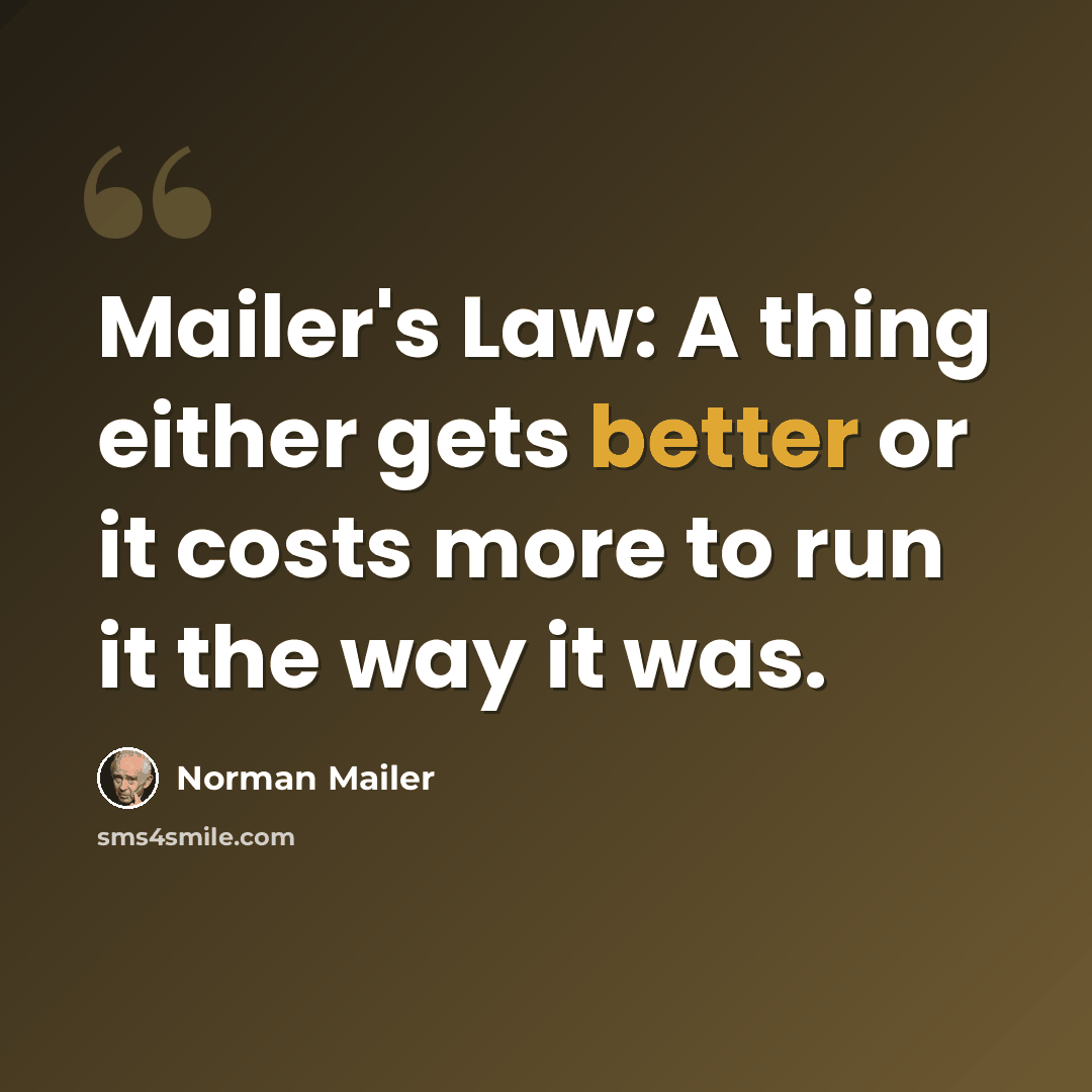 “Mailer's Law: A thing either gets better or it costs more to run it the way it was.” quote by Norman Mailer