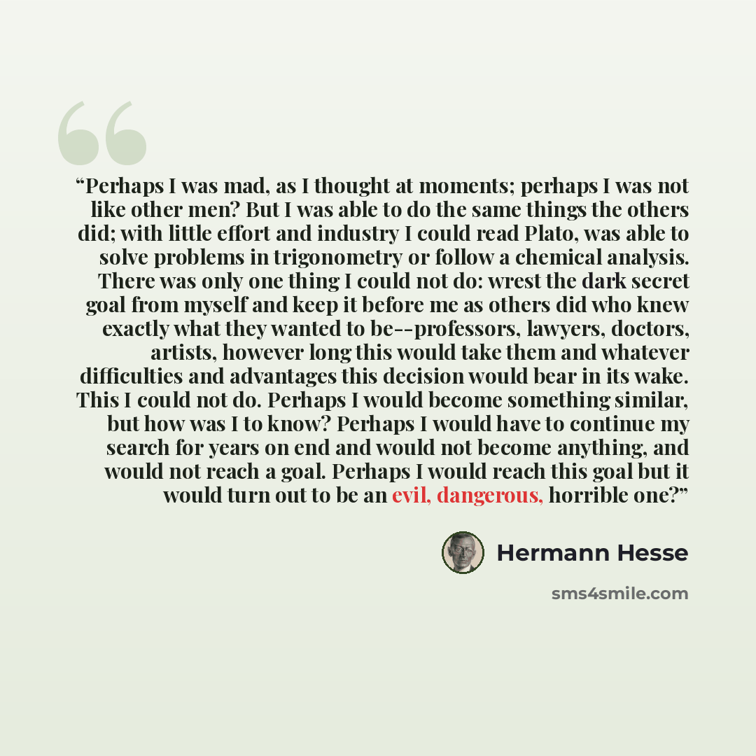 “Perhaps I was mad, as I thought at moments; perhaps I was not like other men? But I was able to do the same things the others did; with little effort and industry I could read Plato, was able to solve problems in trigonometry or follow a chemical analysis. There was only one thing I could not do…” quote by Hermann Hesse