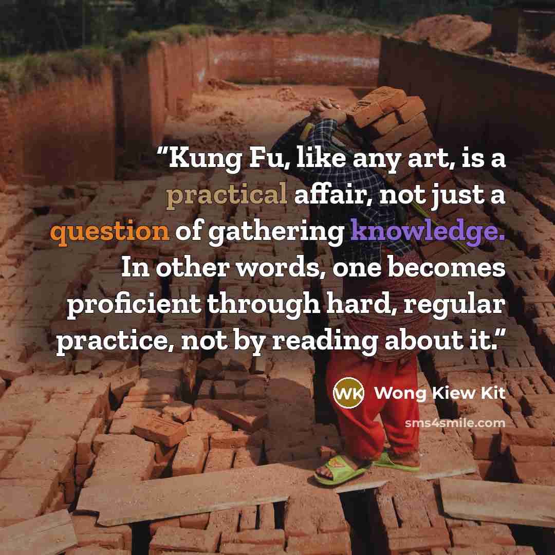 “Kung Fu, like any art, is a practical affair, not just a question of gathering knowledge. In other words, one becomes proficient through hard, regular practice, not by reading about it.” quote by Wong Kiew Kit