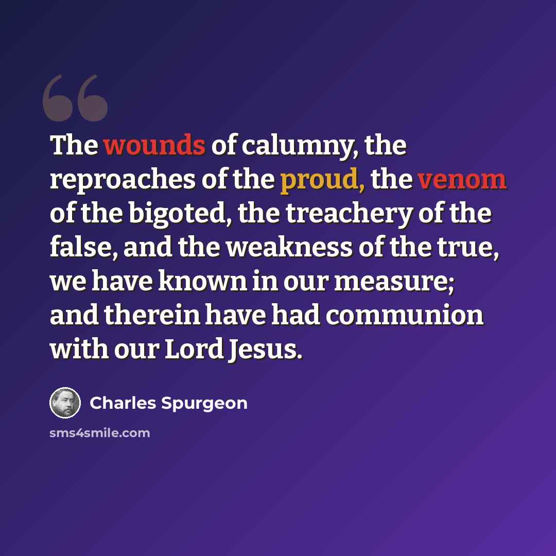 “The wounds of calumny, the reproaches of the proud, the venom of the bigoted, the treachery of the false, and the weakness of the true, we have known in our measure; and therein have had communion with our Lord Jesus.” quote by Charles Spurgeon