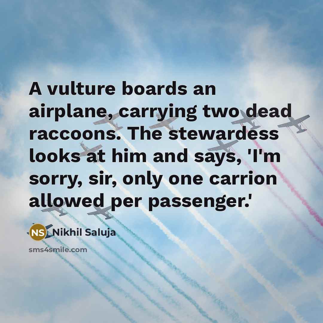 “A vulture boards an airplane, carrying two dead raccoons. The stewardess looks at him and says, 'I'm sorry, sir, only one carrion allowed per passenger.'” quote by Nikhil Saluja