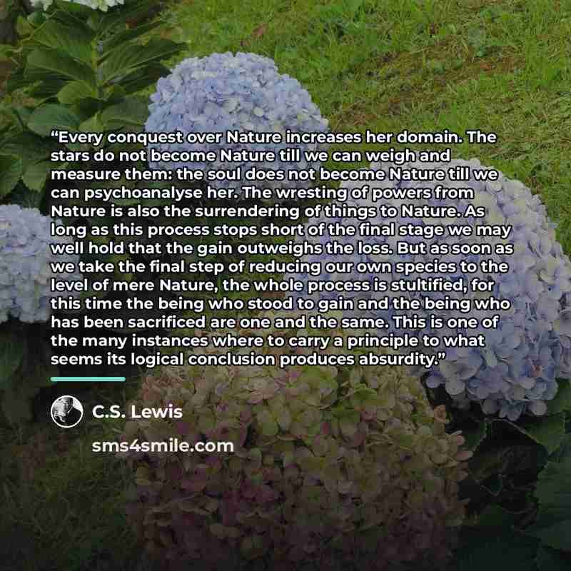 “Every conquest over Nature increases her domain. The stars do not become Nature till we can weigh and measure them: the soul does not become Nature till we can psychoanalyse her. The wresting of powers from Nature is also the surrendering of things to Nature. As long as this process stops short of…” quote by C.S. Lewis