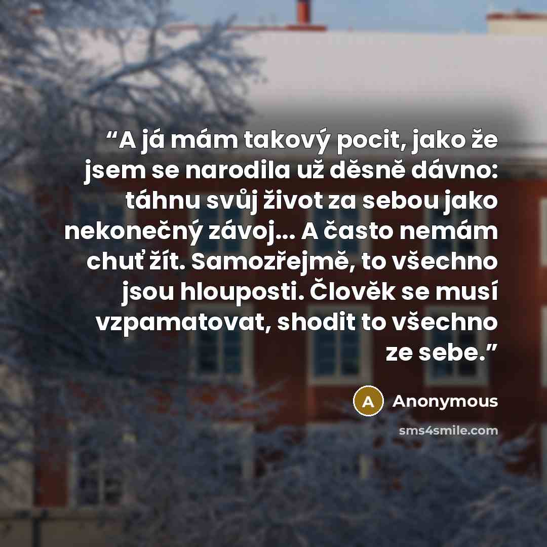 “A já mám takový pocit, jako že jsem se narodila už děsně dávno: táhnu svůj život za sebou jako nekonečný závoj... A často nemám chuť žít. Samozřejmě, to všechno jsou hlouposti. Člověk se musí vzpamatovat, shodit to všechno ze sebe.” quote by Anonymous