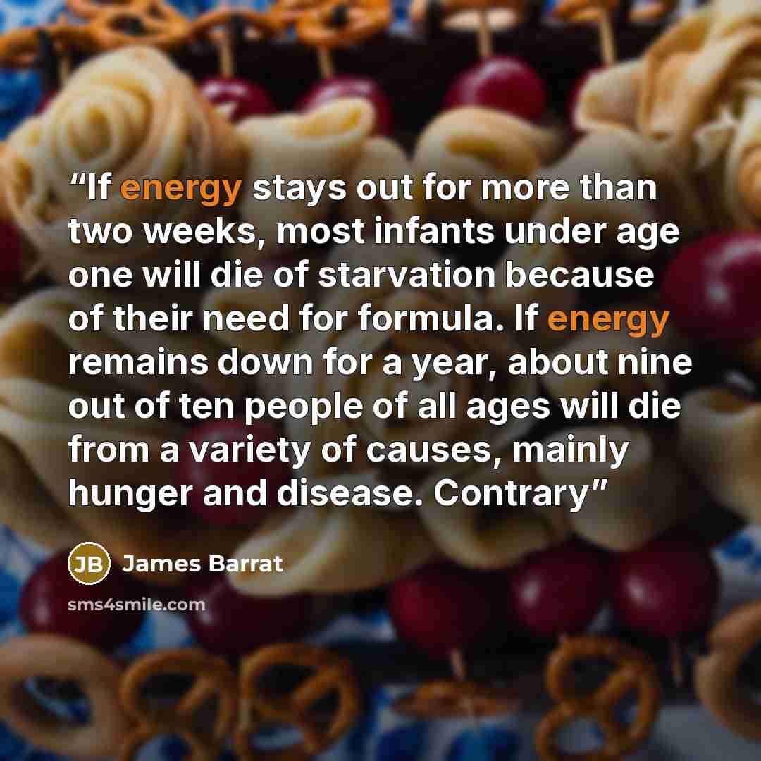 “If energy stays out for more than two weeks, most infants under age one will die of starvation because of their need for formula. If energy remains down for a year, about nine out of ten people of all ages will die from a variety of causes, mainly hunger and disease. Contrary” quote by James Barrat