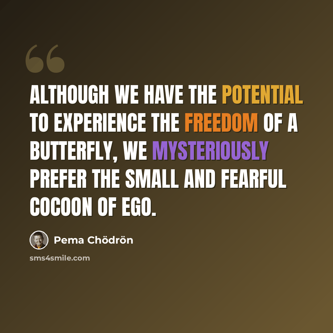 “Although we have the potential to experience the freedom of a butterfly, we mysteriously prefer the small and fearful cocoon of ego.” quote by Pema Chodron