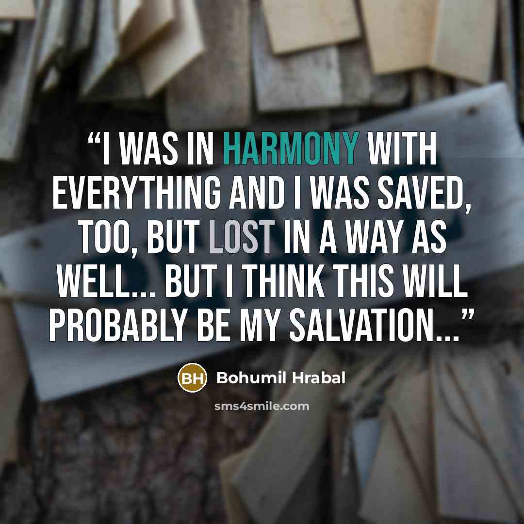 “I was in harmony with everything and I was saved, too, but lost in a way as well... but I think this will probably be my salvation...” quote by Bohumil Hrabal
