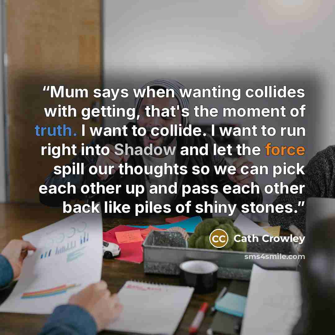 “Mum says when wanting collides with getting, that's the moment of truth. I want to collide. I want to run right into Shadow and let the force spill our thoughts so we can pick each other up and pass each other back like piles of shiny stones.” quote by Cath Crowley