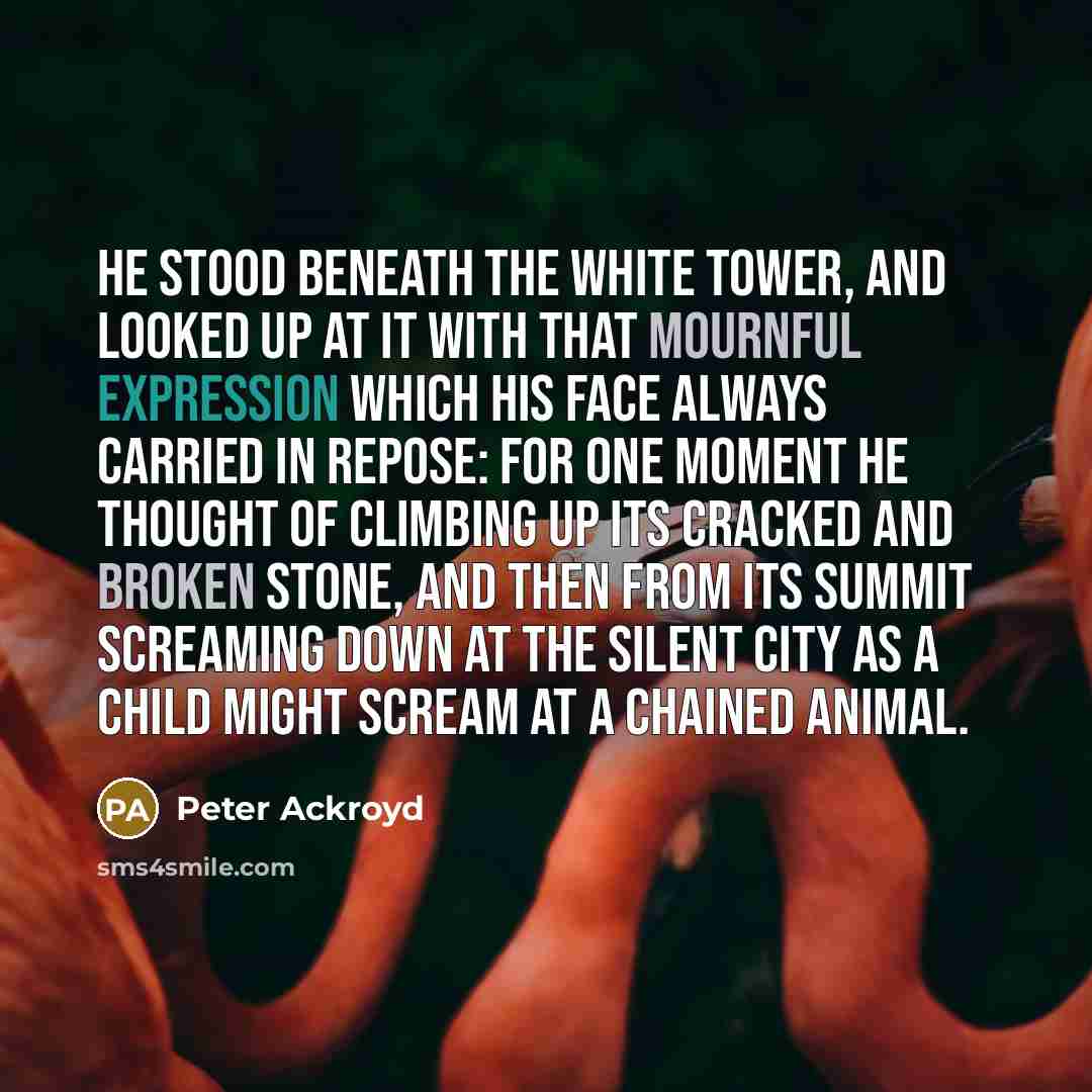 “He stood beneath the white tower, and looked up at it with that mournful expression which his face always carried in repose: for one moment he thought of climbing up its cracked and broken stone, and then from its summit screaming down at the silent city as a child might scream at a chained animal.” quote by Peter Ackroyd