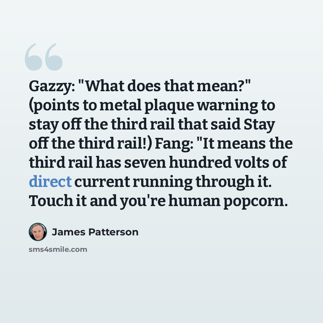 “Gazzy: "What does that mean?" (points to metal plaque warning to stay off the third rail that said Stay off the third rail!) Fang: "It means the third rail has seven hundred volts of direct current running through it. Touch it and you're human popcorn.” quote by James Patterson