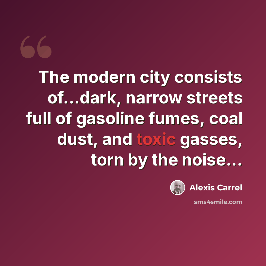 “The modern city consists of...dark, narrow streets full of gasoline fumes, coal dust, and toxic gasses, torn by the noise...” quote by Alexis Carrel