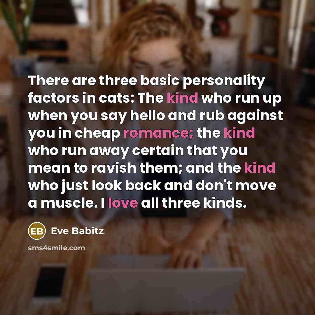 “There are three basic personality factors in cats: The kind who run up when you say hello and rub against you in cheap romance; the kind who run away certain that you mean to ravish them; and the kind who just look back and don't move a muscle. I love all three kinds.” quote by Eve Babitz