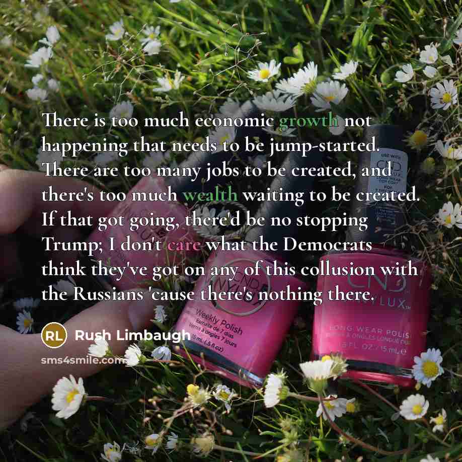 “There is too much economic growth not happening that needs to be jump-started. There are too many jobs to be created, and there's too much wealth waiting to be created. If that got going, there'd be no stopping Trump; I don't care what the Democrats think they've got on any of this collusion with…” quote by Rush Limbaugh