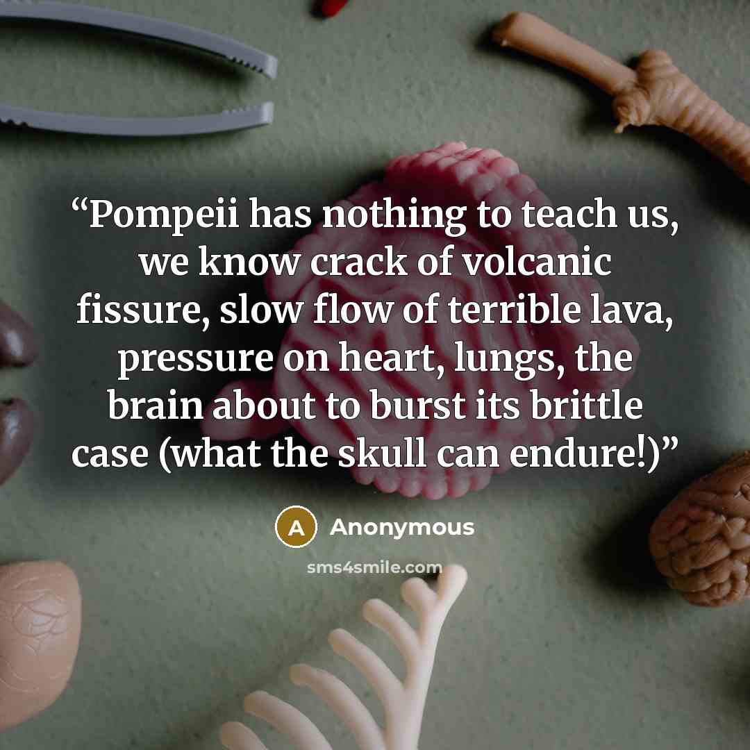 “Pompeii has nothing to teach us, we know crack of volcanic fissure, slow flow of terrible lava, pressure on heart, lungs, the brain about to burst its brittle case (what the skull can endure!)” quote by Anonymous
