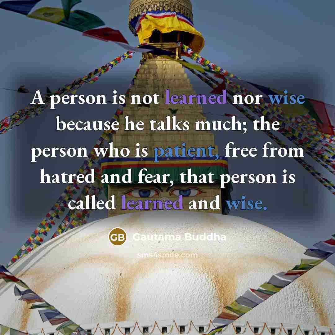 “A person is not learned nor wise because he talks much; the person who is patient, free from hatred and fear, that person is called learned and wise.” quote by Gautama Buddha