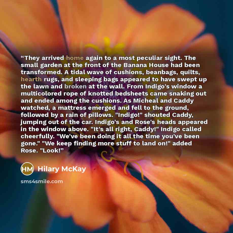 “They arrived home again to a most peculiar sight. The small garden at the front of the Banana House had been transformed. A tidal wave of cushions, beanbags, quilts, hearth rugs, and sleeping bags appeared to have swept up the lawn and broken at the wall. From Indigo's window a multicolored rope…” quote by Hilary McKay