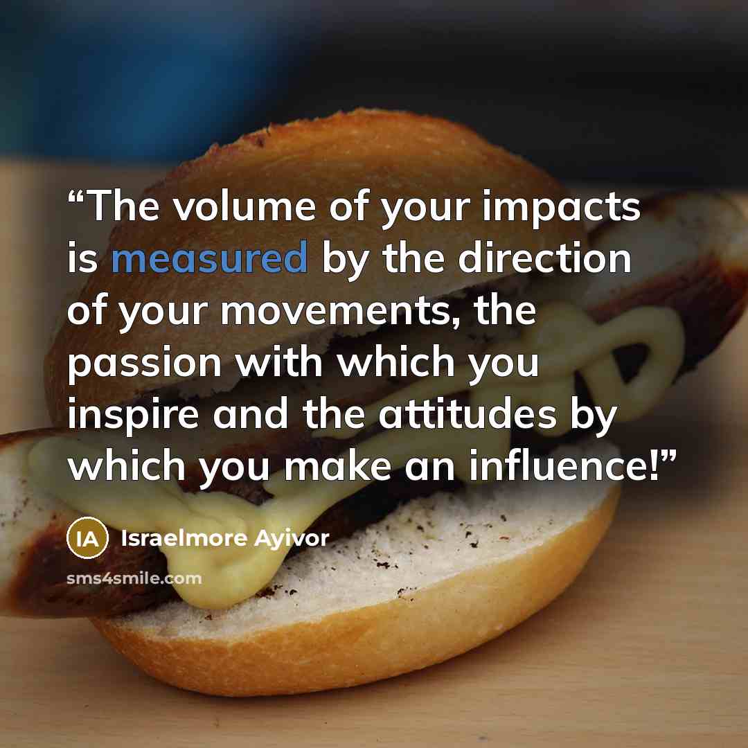 “The volume of your impacts is measured by the direction of your movements, the passion with which you inspire and the attitudes by which you make an influence!” quote by Israelmore Ayivor