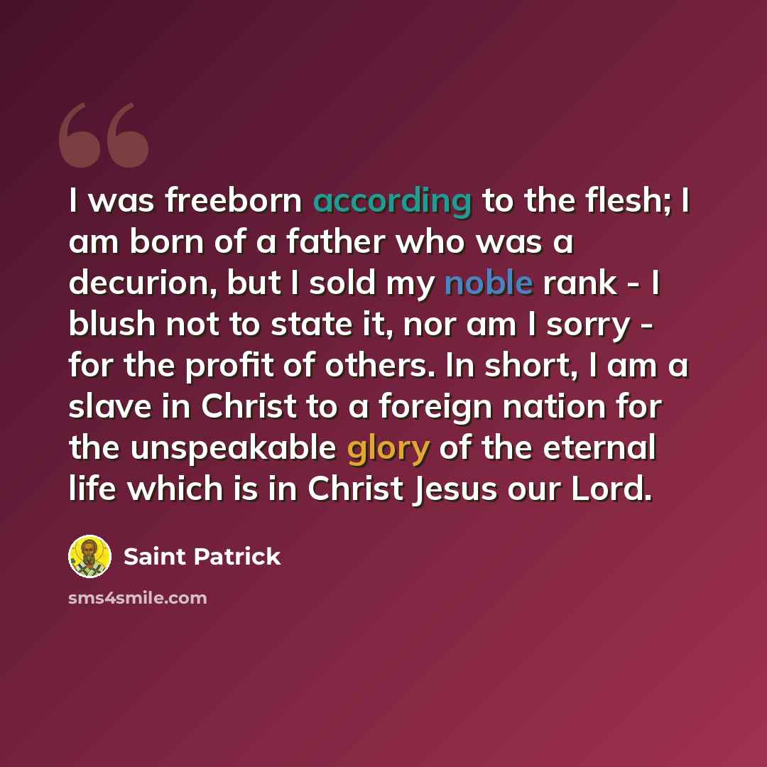 “I was freeborn according to the flesh; I am born of a father who was a decurion, but I sold my noble rank - I blush not to state it, nor am I sorry - for the profit of others. In short, I am a slave in Christ to a foreign nation for the unspeakable glory of the eternal life which is in Christ…” quote by Saint Patrick