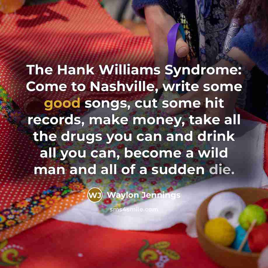 “The Hank Williams Syndrome: Come to Nashville, write some good songs, cut some hit records, make money, take all the drugs you can and drink all you can, become a wild man and all of a sudden die.” quote by Waylon Jennings