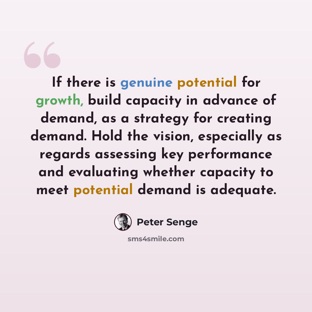 “If there is genuine potential for growth, build capacity in advance of demand, as a strategy for creating demand. Hold the vision, especially as regards assessing key performance and evaluating whether capacity to meet potential demand is adequate.” quote by Peter Senge