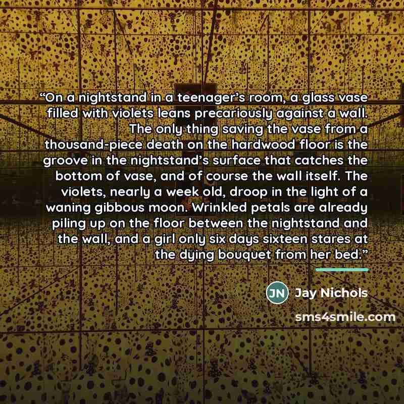 “On a nightstand in a teenager’s room, a glass vase filled with violets leans precariously against a wall. The only thing saving the vase from a thousand-piece death on the hardwood floor is the groove in the nightstand’s surface that catches the bottom of vase, and of course the wall itself. The…” quote by Jay Nichols