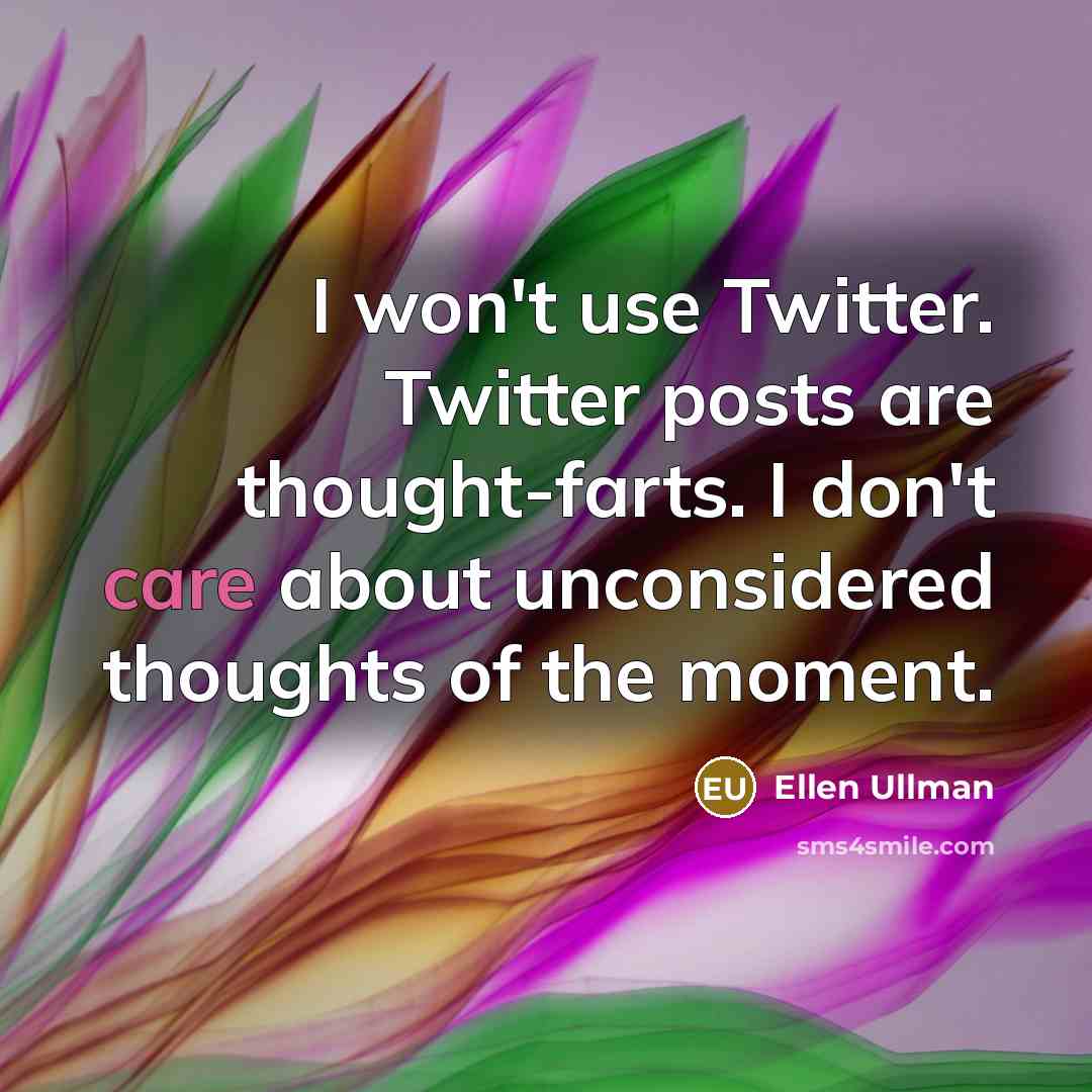 “I won't use Twitter. Twitter posts are thought-farts. I don't care about unconsidered thoughts of the moment.” quote by Ellen Ullman