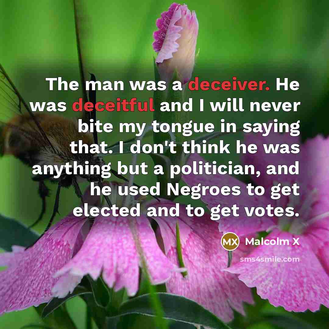 “The man was a deceiver. He was deceitful and I will never bite my tongue in saying that. I don't think he was anything but a politician, and he used Negroes to get elected and to get votes.” quote by Malcolm X