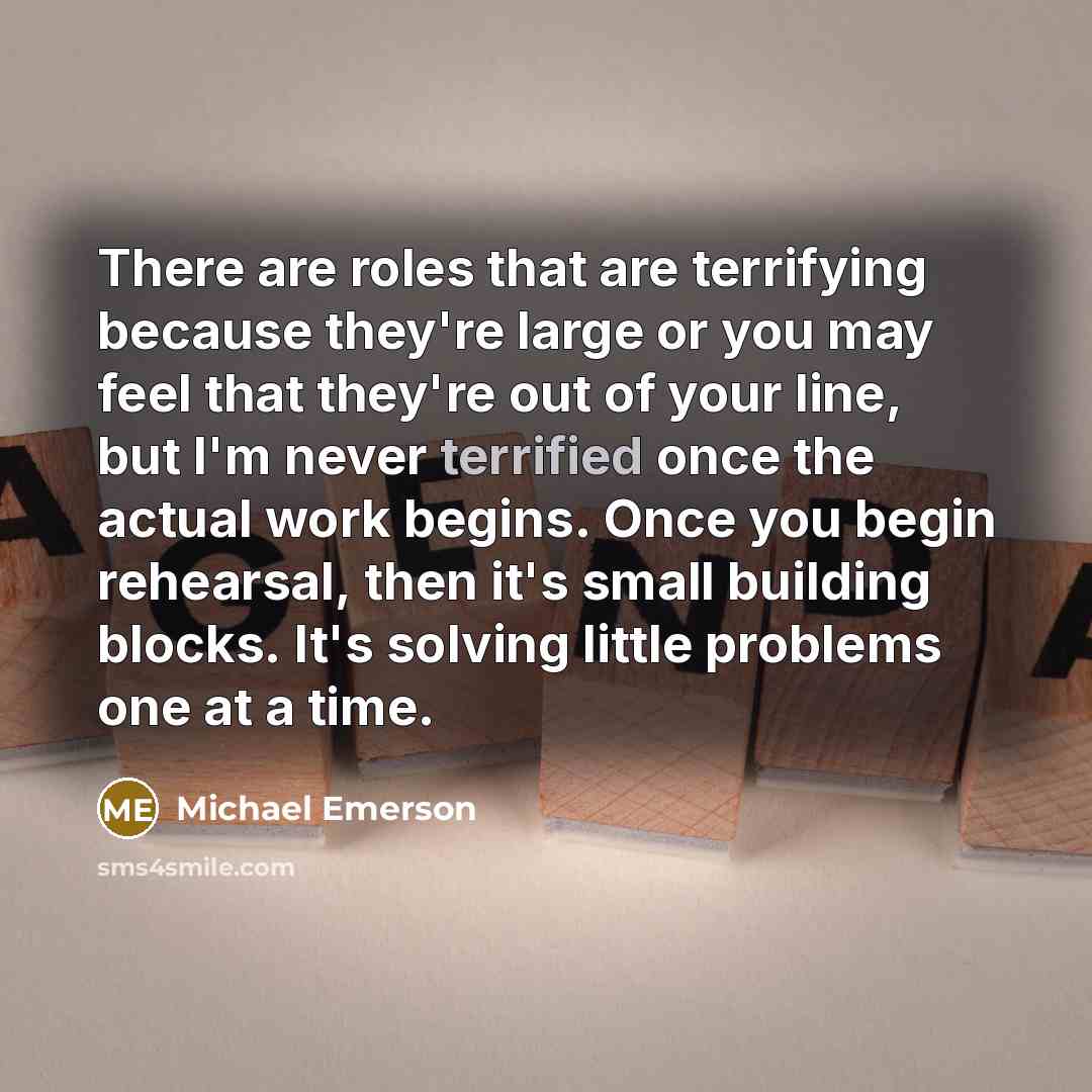 “There are roles that are terrifying because they're large or you may feel that they're out of your line, but I'm never terrified once the actual work begins. Once you begin rehearsal, then it's small building blocks. It's solving little problems one at a time.” quote by Michael Emerson
