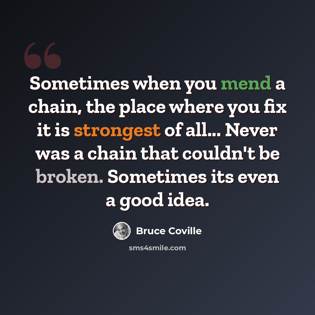 “Sometimes when you mend a chain, the place where you fix it is strongest of all... Never was a chain that couldn't be broken. Sometimes its even a good idea.” quote by Bruce Coville