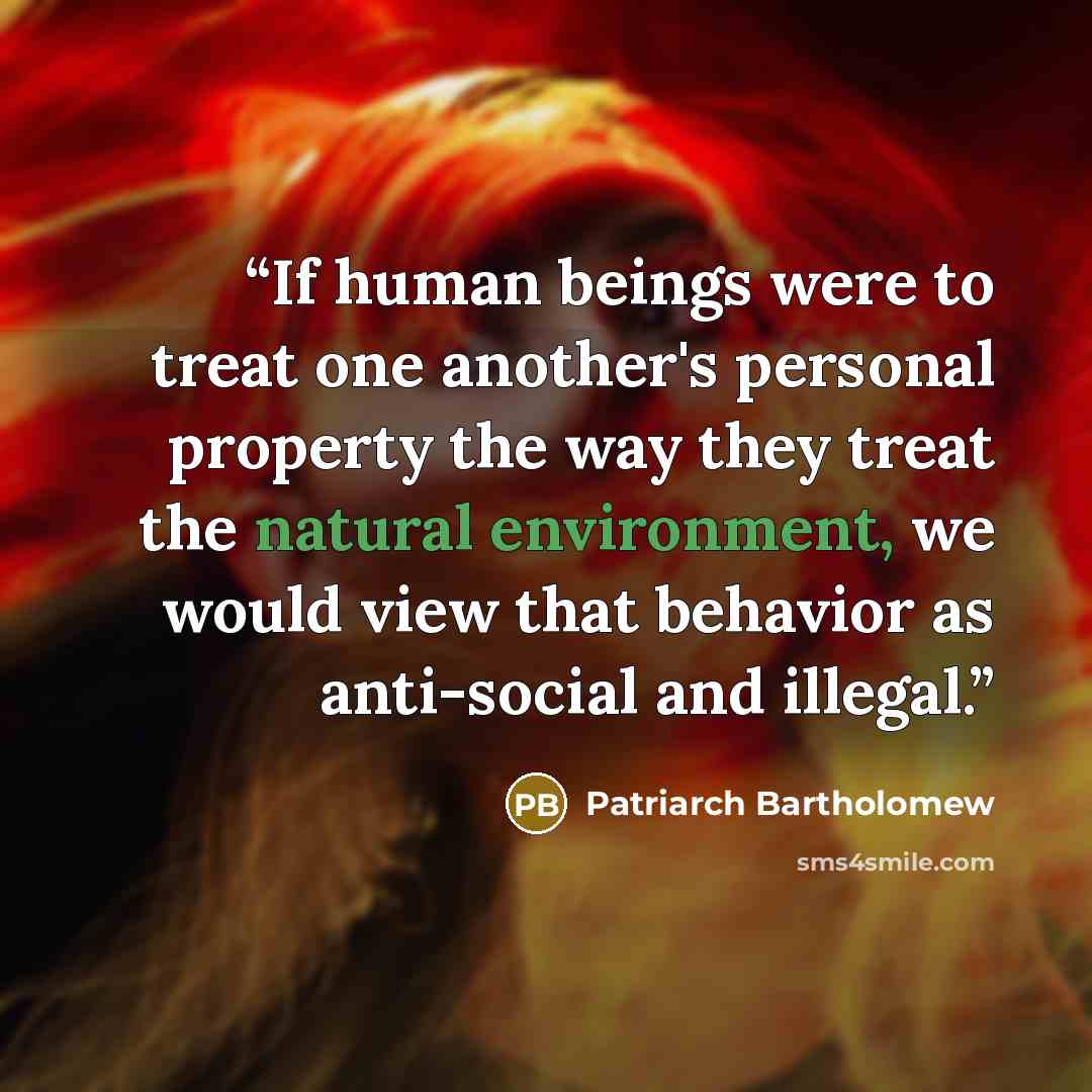“If human beings were to treat one another's personal property the way they treat the natural environment, we would view that behavior as anti-social and illegal.” quote by Patriarch Bartholomew