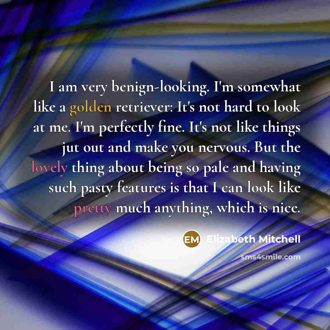 “I am very benign-looking. I'm somewhat like a golden retriever: It's not hard to look at me. I'm perfectly fine. It's not like things jut out and make you nervous. But the lovely thing about being so pale and having such pasty features is that I can look like pretty much anything, which is nice.” quote by Elizabeth Mitchell
