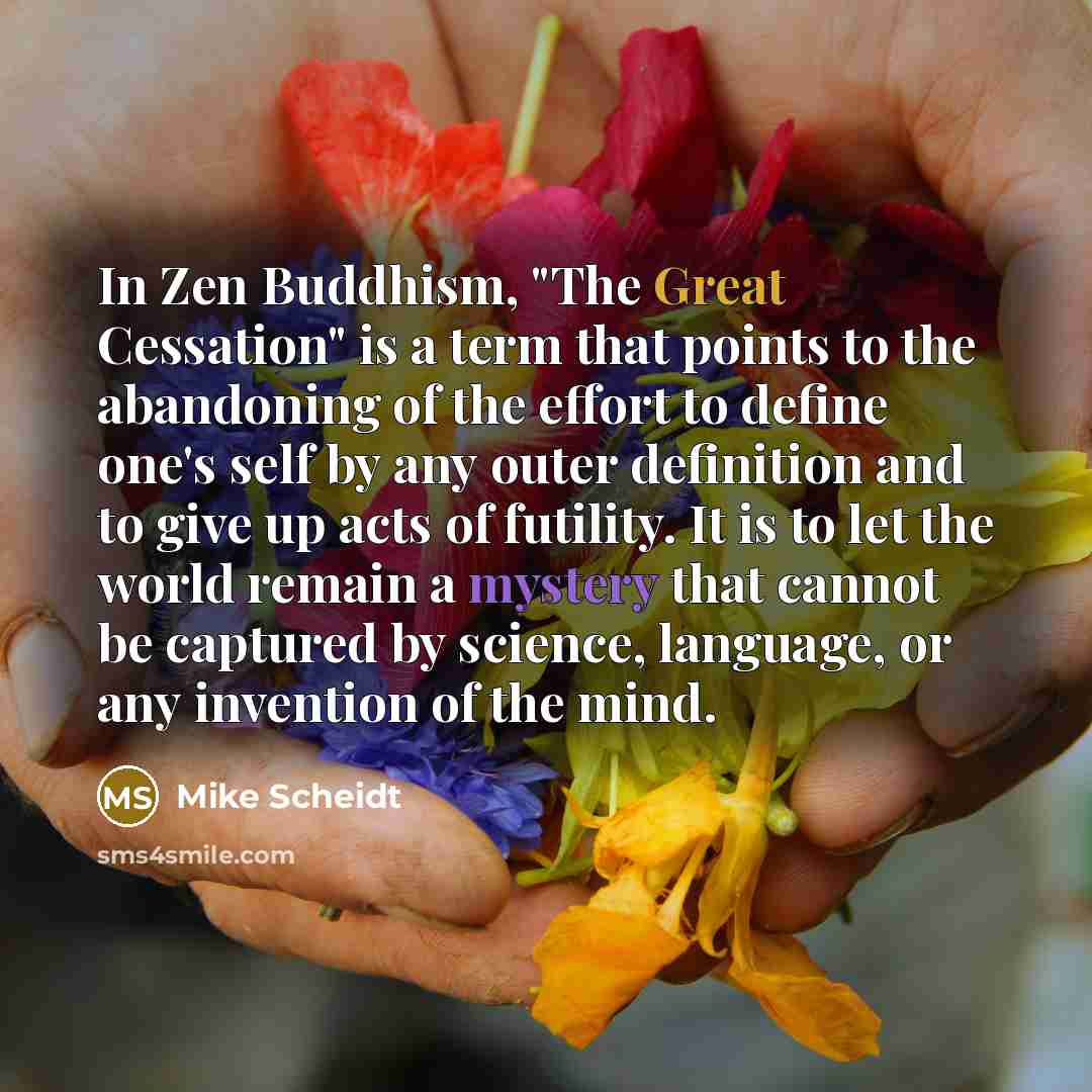 “In Zen Buddhism, "The Great Cessation" is a term that points to the abandoning of the effort to define one's self by any outer definition and to give up acts of futility. It is to let the world remain a mystery that cannot be captured by science, language, or any invention of the mind.” quote by Mike Scheidt