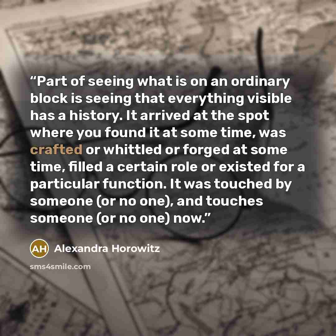 “Part of seeing what is on an ordinary block is seeing that everything visible has a history. It arrived at the spot where you found it at some time, was crafted or whittled or forged at some time, filled a certain role or existed for a particular function. It was touched by someone (or no one)…” quote by Alexandra Horowitz