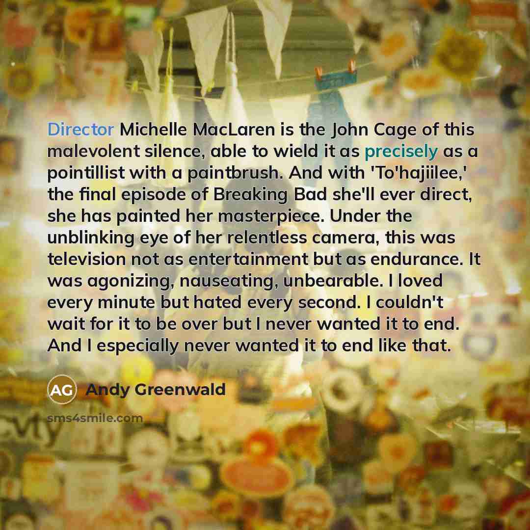 “Director Michelle MacLaren is the John Cage of this malevolent silence, able to wield it as precisely as a pointillist with a paintbrush. And with 'To'hajiilee,' the final episode of Breaking Bad she'll ever direct, she has painted her masterpiece. Under the unblinking eye of her relentless…” quote by Andy Greenwald