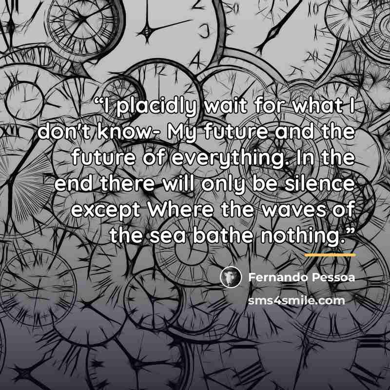 “I placidly wait for what I don't know- My future and the future of everything. In the end there will only be silence except Where the waves of the sea bathe nothing.” quote by Fernando Pessoa