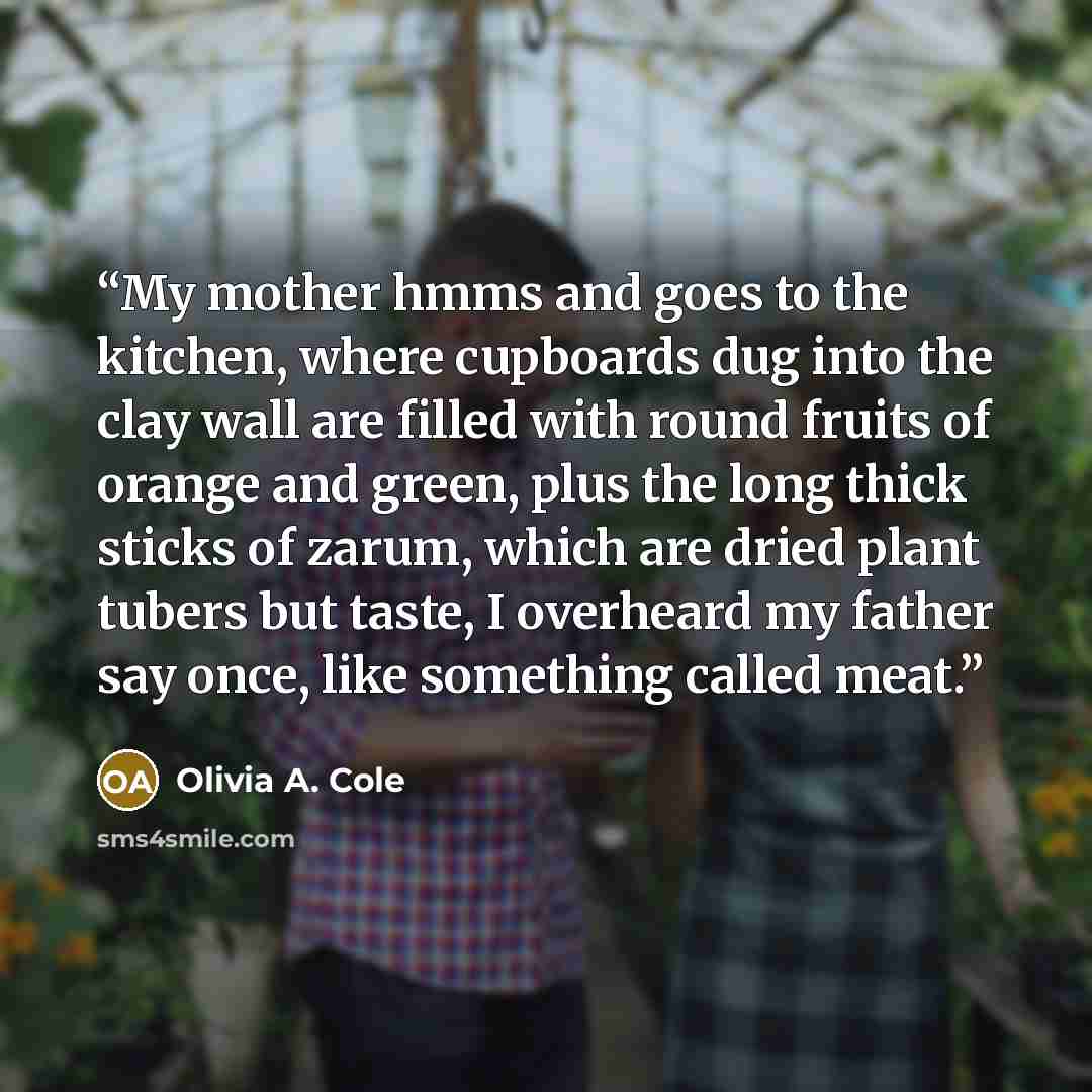 “My mother hmms and goes to the kitchen, where cupboards dug into the clay wall are filled with round fruits of orange and green, plus the long thick sticks of zarum, which are dried plant tubers but taste, I overheard my father say once, like something called meat.” quote by Olivia A. Cole