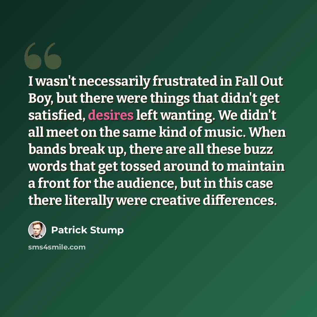 “I wasn't necessarily frustrated in Fall Out Boy, but there were things that didn't get satisfied, desires left wanting. We didn't all meet on the same kind of music. When bands break up, there are all these buzz words that get tossed around to maintain a front for the audience, but in this case…” quote by Patrick Stump