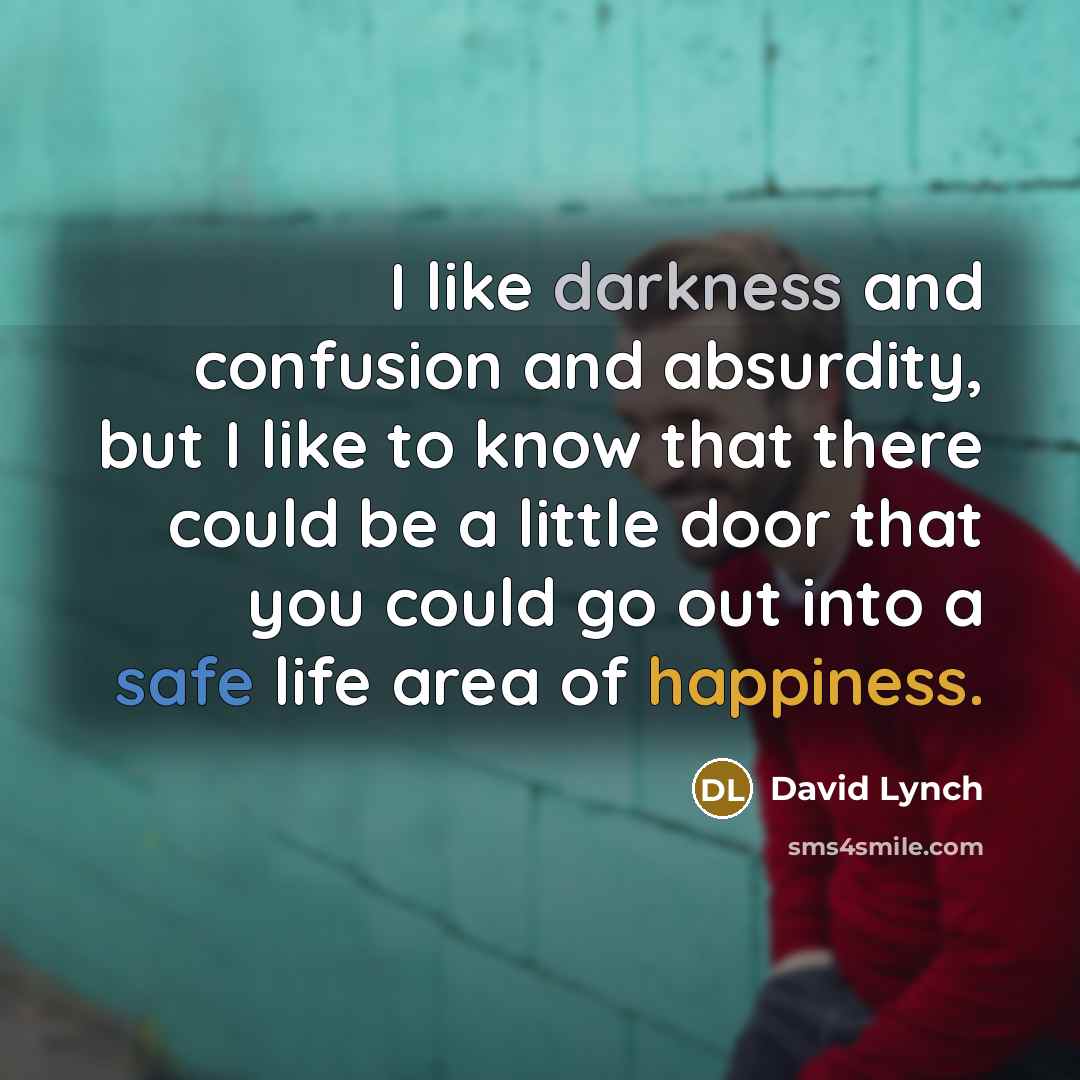 “I like darkness and confusion and absurdity, but I like to know that there could be a little door that you could go out into a safe life area of happiness.” quote by David Lynch