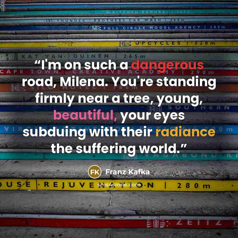 “I'm on such a dangerous road, Milena. You're standing firmly near a tree, young, beautiful, your eyes subduing with their radiance the suffering world.” quote by Franz Kafka