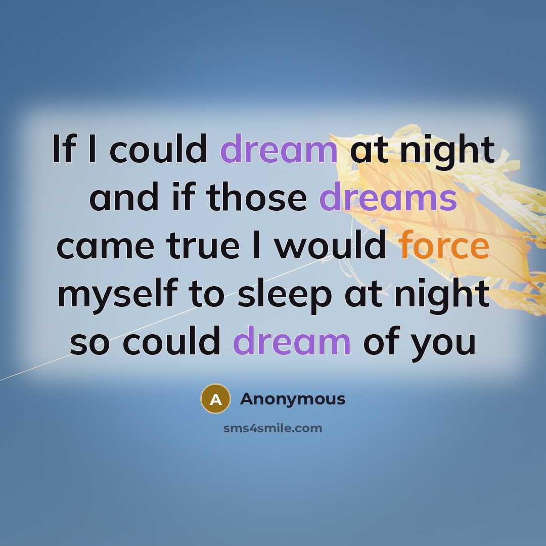 “If I could dream at night and if those dreams came true I would force myself to sleep at night so could dream of you” quote by Anonymous