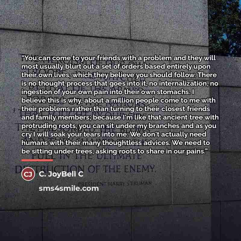“You can come to your friends with a problem and they will most usually blurt out a set of orders based entirely upon their own lives, which they believe you should follow. There is no thought process that goes into it, no internalization, no ingestion of your own pain into their own stomachs. I…” quote by C. JoyBell C
