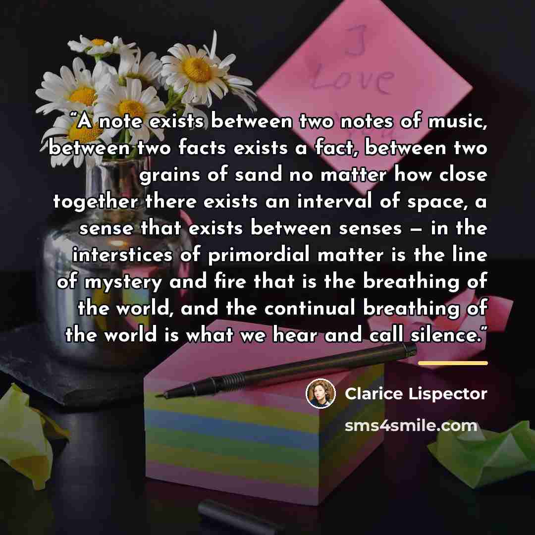 “A note exists between two notes of music, between two facts exists a fact, between two grains of sand no matter how close together there exists an interval of space, a sense that exists between senses — in the interstices of primordial matter is the line of mystery and fire that is the breathing…” quote by Clarice Lispector