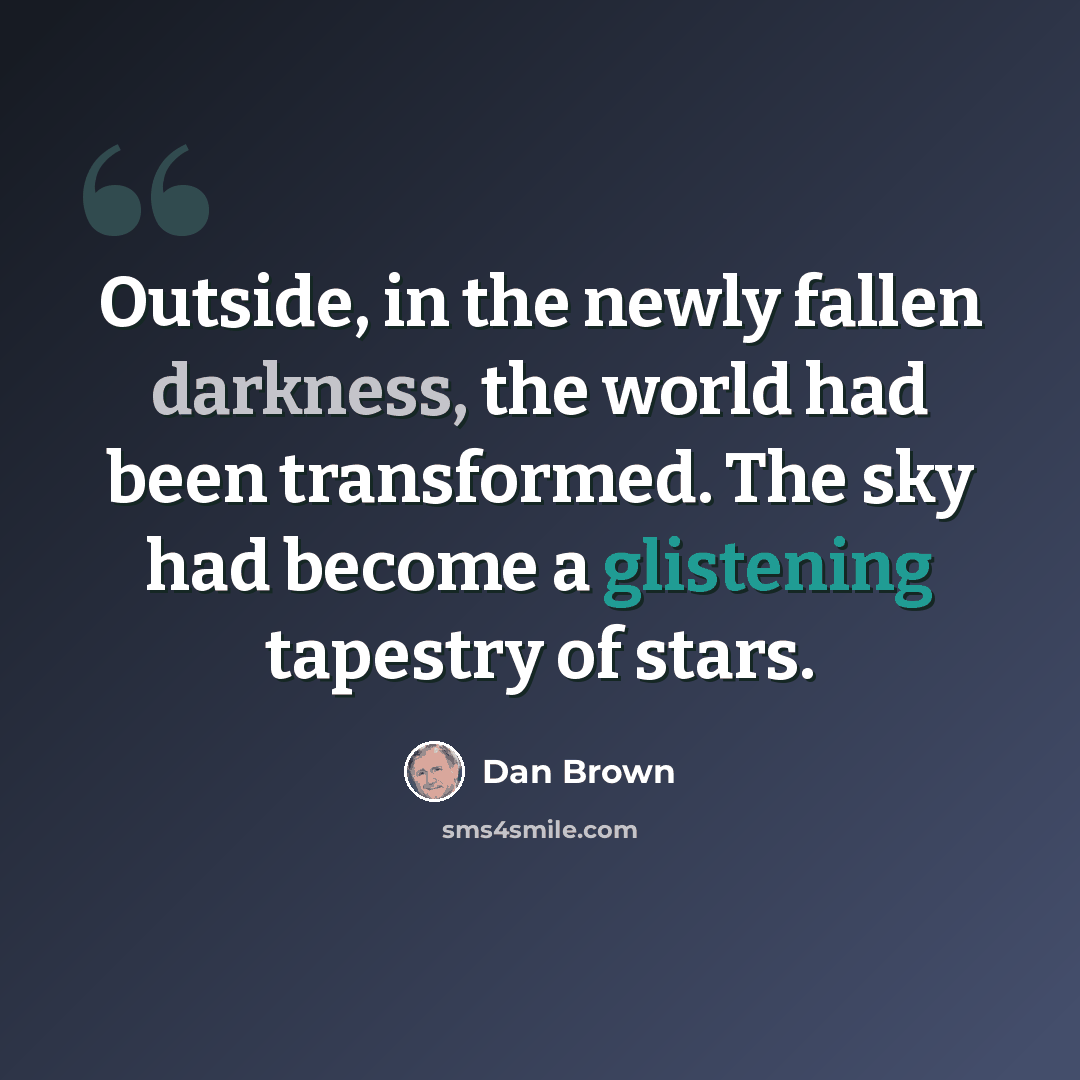 “Outside, in the newly fallen darkness, the world had been transformed. The sky had become a glistening tapestry of stars.” quote by Dan Brown