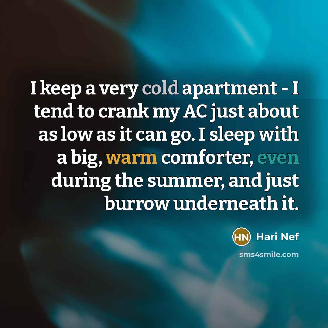 “I keep a very cold apartment - I tend to crank my AC just about as low as it can go. I sleep with a big, warm comforter, even during the summer, and just burrow underneath it.” quote by Hari Nef